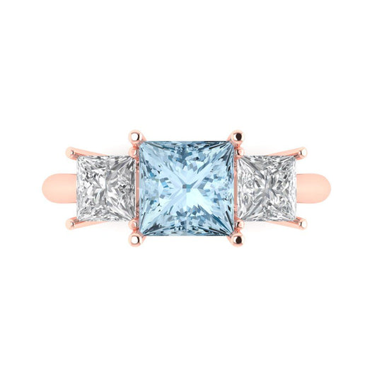 2.5 cttw Natural Aquamarine Three-Stone Engagement Ring - Solid Rose Gold (VVS1, Princess Cut,6.5 mm)
