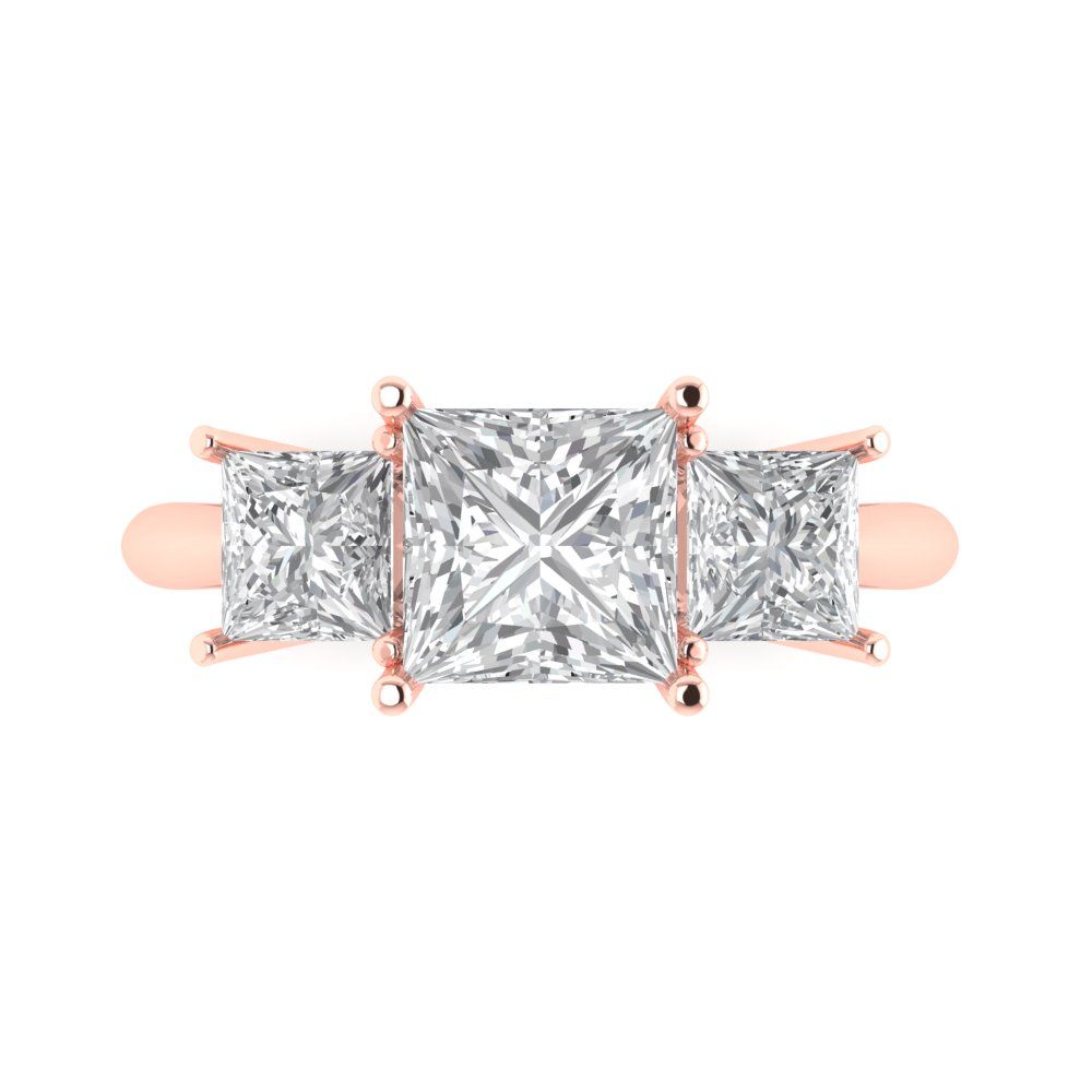 2.62 ct Brilliant Princess Cut Natural Diamond Stone Clarity VS1-2 Color G-H Rose Gold Solitaire with Accents Three-Stone Ring