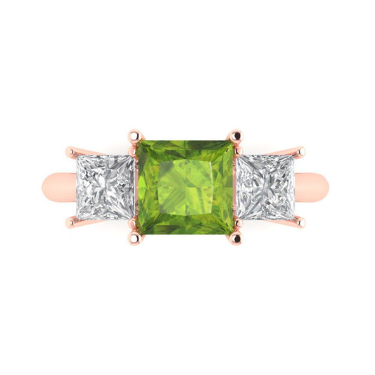 2.5 cttw Natural Peridot Three-Stone Engagement Ring - Solid Rose Gold (VVS1, Princess Cut,6.5 mm)
