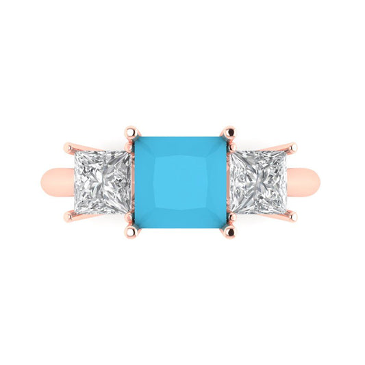2.5 cttw Simulated Turquoise Three-Stone Engagement Ring - Solid Rose Gold (VVS1, Princess Cut,6.5 mm)