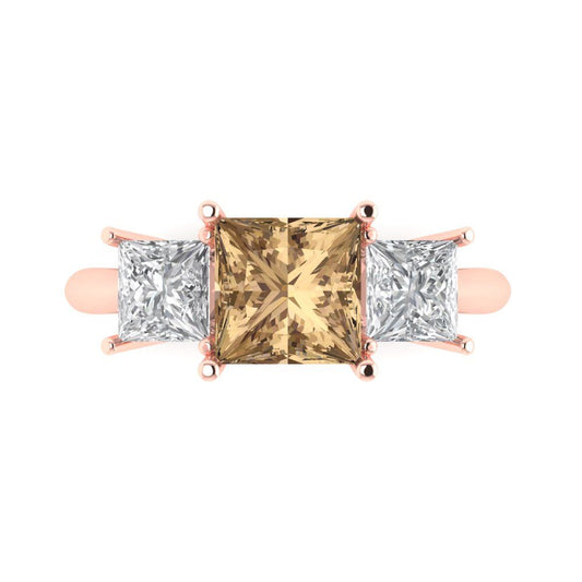 2.5 cttw Zirconia Simulated Champagne Diamond Three-Stone Engagement Ring - Solid Rose Gold (VVS1, Princess Cut,6.5 mm)