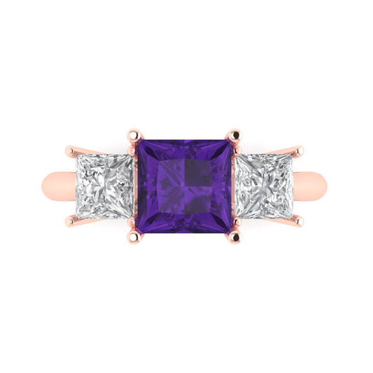 2.5 cttw Natural Amethyst Three-Stone Engagement Ring - Solid Rose Gold (VVS1, Princess Cut,6.5 mm)