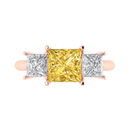 2.5 cttw Zirconia Simulated Yellow Diamond Three-Stone Engagement Ring - Solid Rose Gold (VVS1, Princess Cut,6.5 mm)