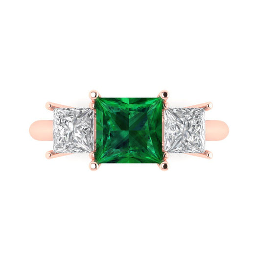 2.5 cttw Simulated Emerald Three-Stone Engagement Ring - Solid Rose Gold (VVS1, Princess Cut,6.5 mm)