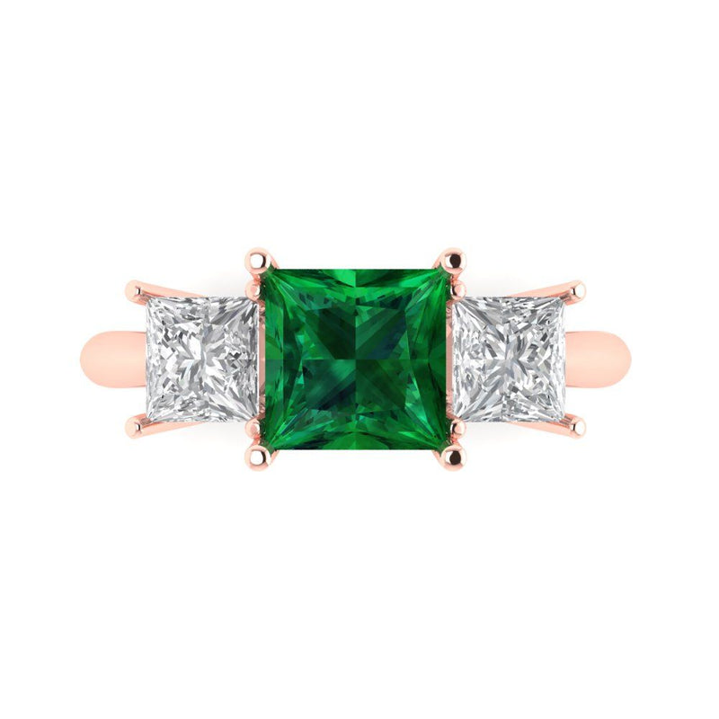 2.62 ct Brilliant Princess Cut Simulated Emerald Stone Rose Gold Solitaire with Accents Three-Stone Ring
