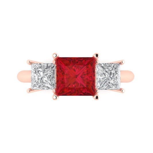 2.5 cttw Simulated Pink Tourmaline Three-Stone Engagement Ring - Solid Rose Gold (VVS1, Princess Cut,6.5 mm)