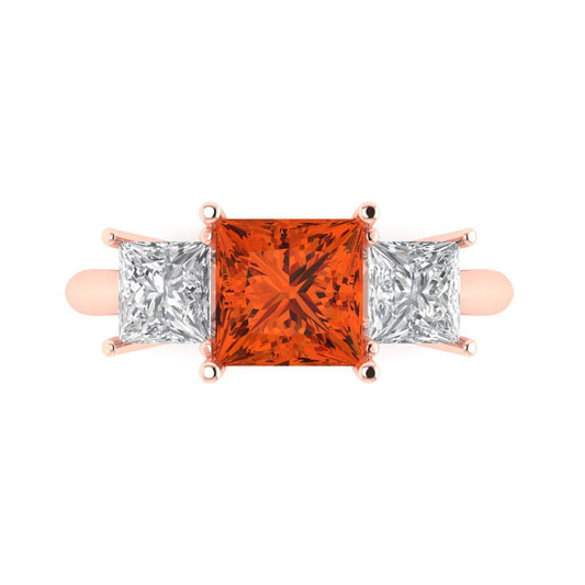 2.5 cttw Zirconia Simulated Red Diamond Three-Stone Engagement Ring - Solid Rose Gold (VVS1, Princess Cut,6.5 mm)