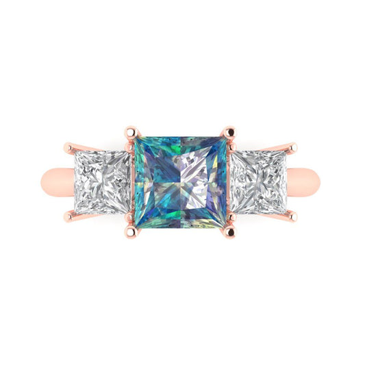 2.5 cttw Blue Moissanite Three-Stone Engagement Ring - Solid Rose Gold (VVS1, Princess Cut,6.5 mm)