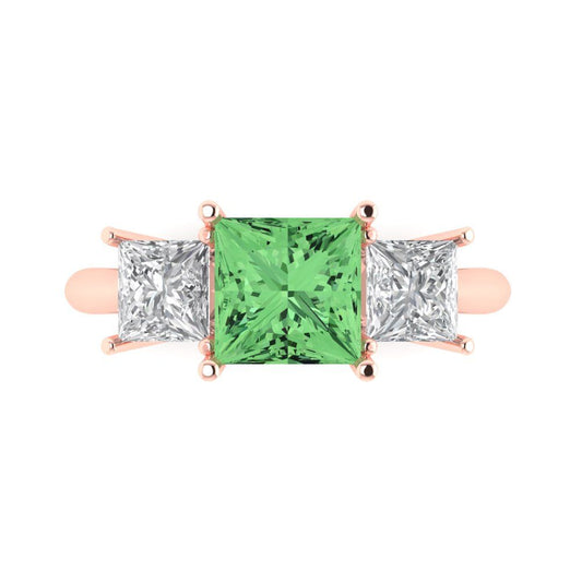 2.5 cttw Zirconia Simulated Green Diamond Three-Stone Engagement Ring - Solid Rose Gold (VVS1, Princess Cut,6.5 mm)