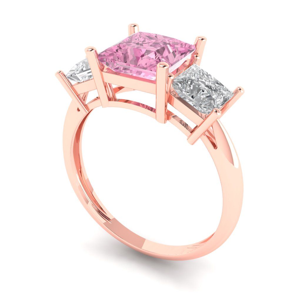 2.5 cttw Zirconia Simulated Pink Diamond Three-Stone Engagement Ring - Solid Gold (VVS1, Princess Cut,6.5 mm)