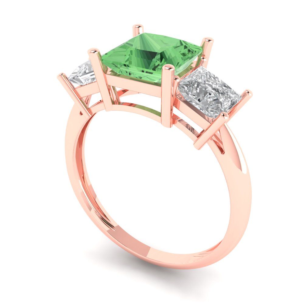 2.5 cttw Zirconia Simulated Green Diamond Three-Stone Engagement Ring - Solid Gold (VVS1, Princess Cut,6.5 mm)