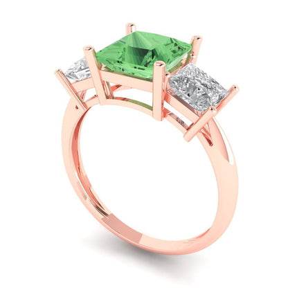 2.5 cttw Zirconia Simulated Green Diamond Three-Stone Engagement Ring - Solid Gold (VVS1, Princess Cut,6.5 mm)