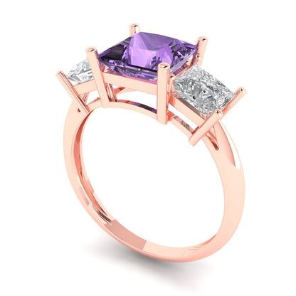 2.5 cttw Simulated Alexandrite Three-Stone Engagement Ring - Solid Gold (Princess Cut,6.5 mm)