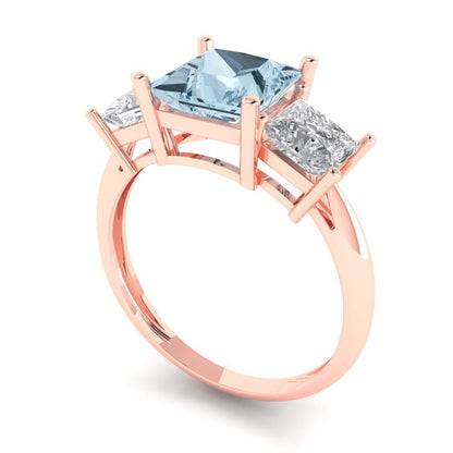 2.5 cttw Natural Aquamarine Three-Stone Engagement Ring - Solid Gold (Princess Cut,6.5 mm)