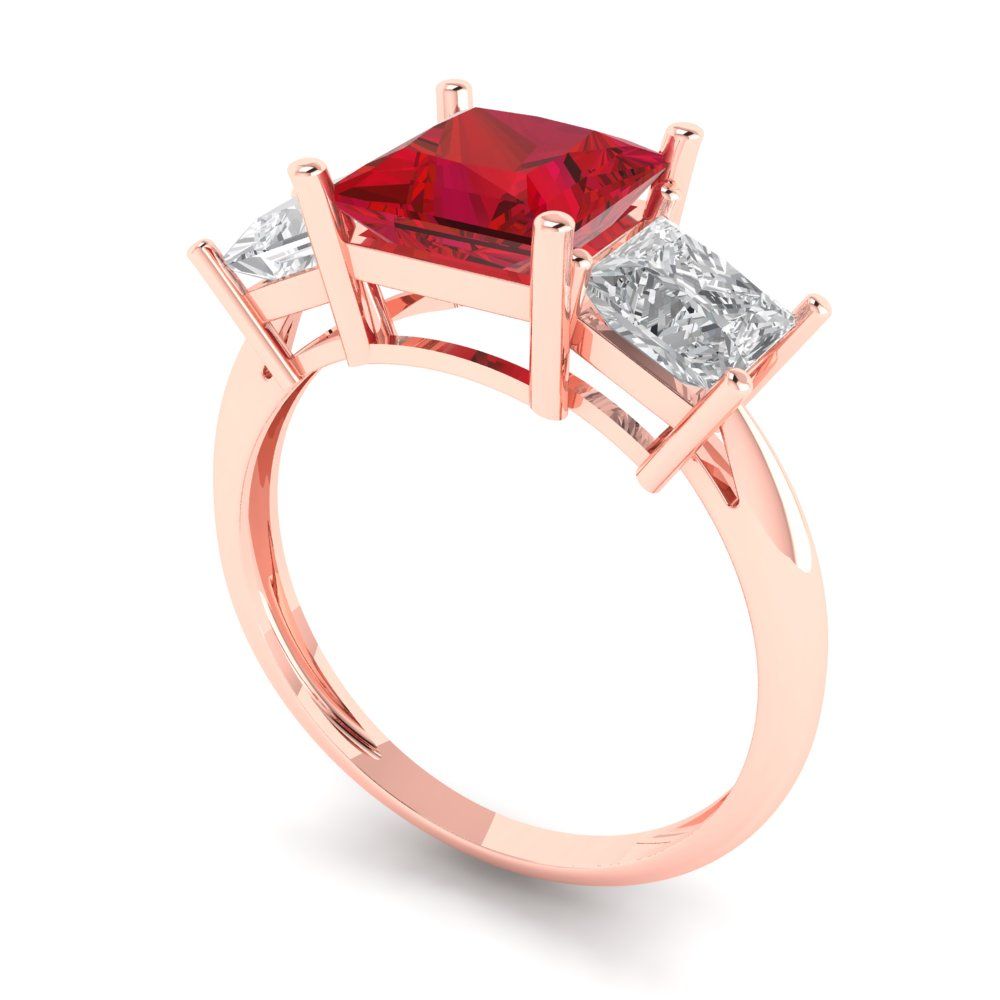 2.5 cttw Simulated Ruby Three-Stone Engagement Ring - Solid Gold (Princess Cut,6.5 mm)