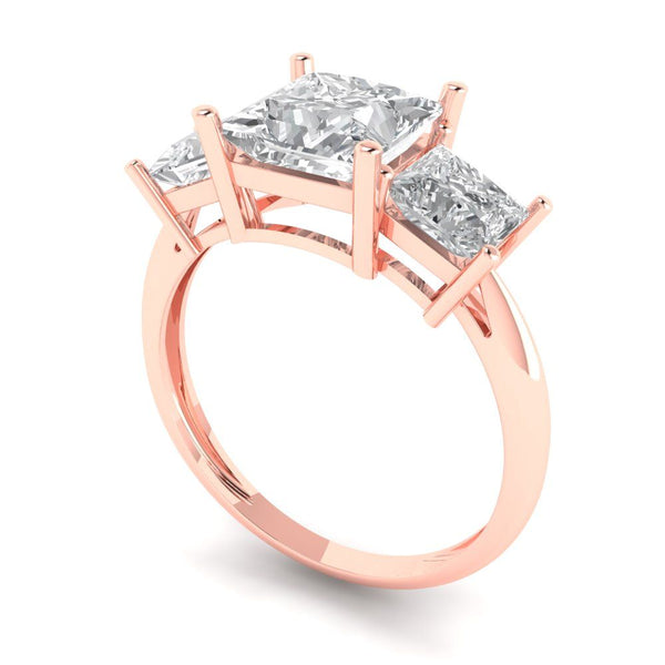 2.62 ct Brilliant Princess Cut Genuine Cultured Diamond Stone Clarity VS1-2 Color J-K Rose Gold Solitaire with Accents Three-Stone Ring