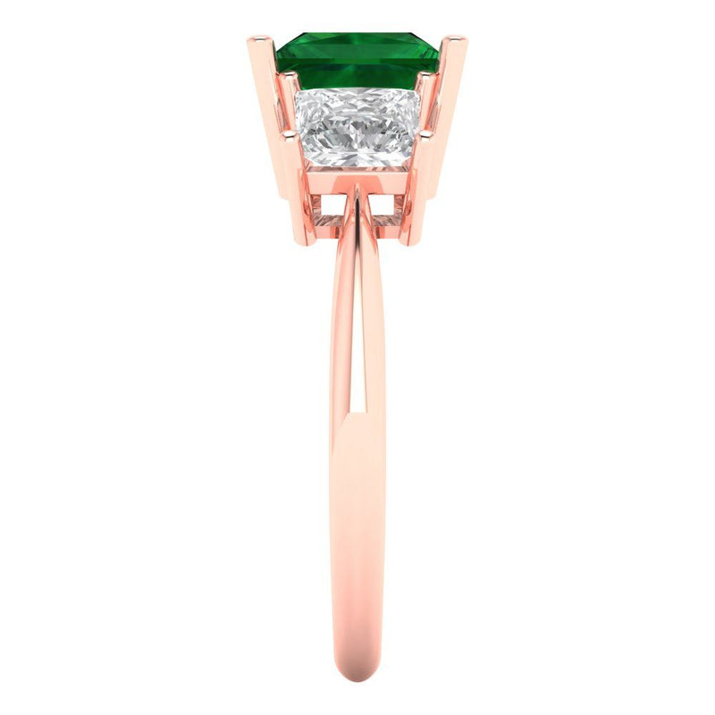 2.62 ct Brilliant Princess Cut Simulated Emerald Stone Rose Gold Solitaire with Accents Three-Stone Ring
