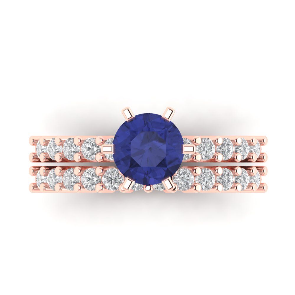 1.66 cttw Round Cut Simulated Tanzanite Bridal Set - Solid Rose Gold Engagement Ring & Wedding Band