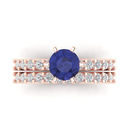 1.66 cttw Round Cut Simulated Tanzanite Bridal Set - Solid Rose Gold Engagement Ring & Wedding Band