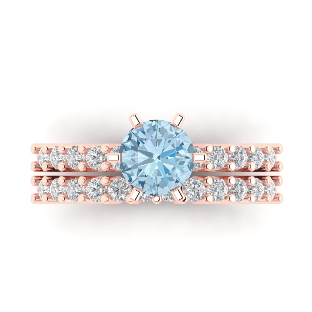 1.66 cttw Round Cut Natural Aquamarine Bridal Set - Solid Rose Gold Engagement Ring & Wedding Band