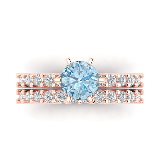 1.66 cttw Round Cut Natural Aquamarine Bridal Set - Solid Rose Gold Engagement Ring & Wedding Band