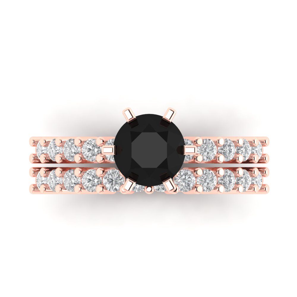 1.66 cttw Round Cut Natural Onyx Bridal Set - Solid Rose Gold Engagement Ring & Wedding Band