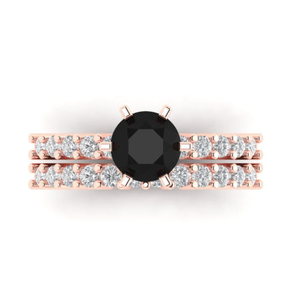 1.66 cttw Round Cut Natural Onyx Bridal Set - Solid Rose Gold Engagement Ring & Wedding Band