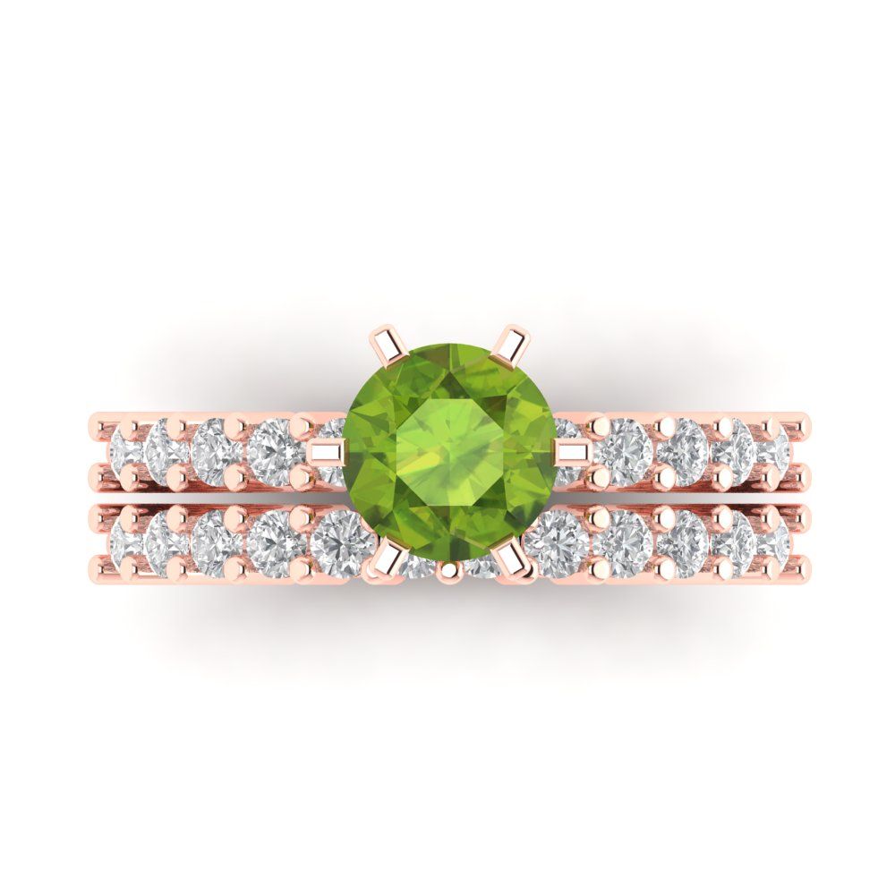 1.66 cttw Round Cut Natural Peridot Bridal Set - Solid Rose Gold Engagement Ring & Wedding Band