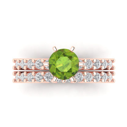 1.66 cttw Round Cut Natural Peridot Bridal Set - Solid Rose Gold Engagement Ring & Wedding Band