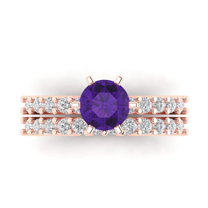 1.66 cttw Round Cut Natural Amethyst Bridal Set - Solid Rose Gold Engagement Ring & Wedding Band