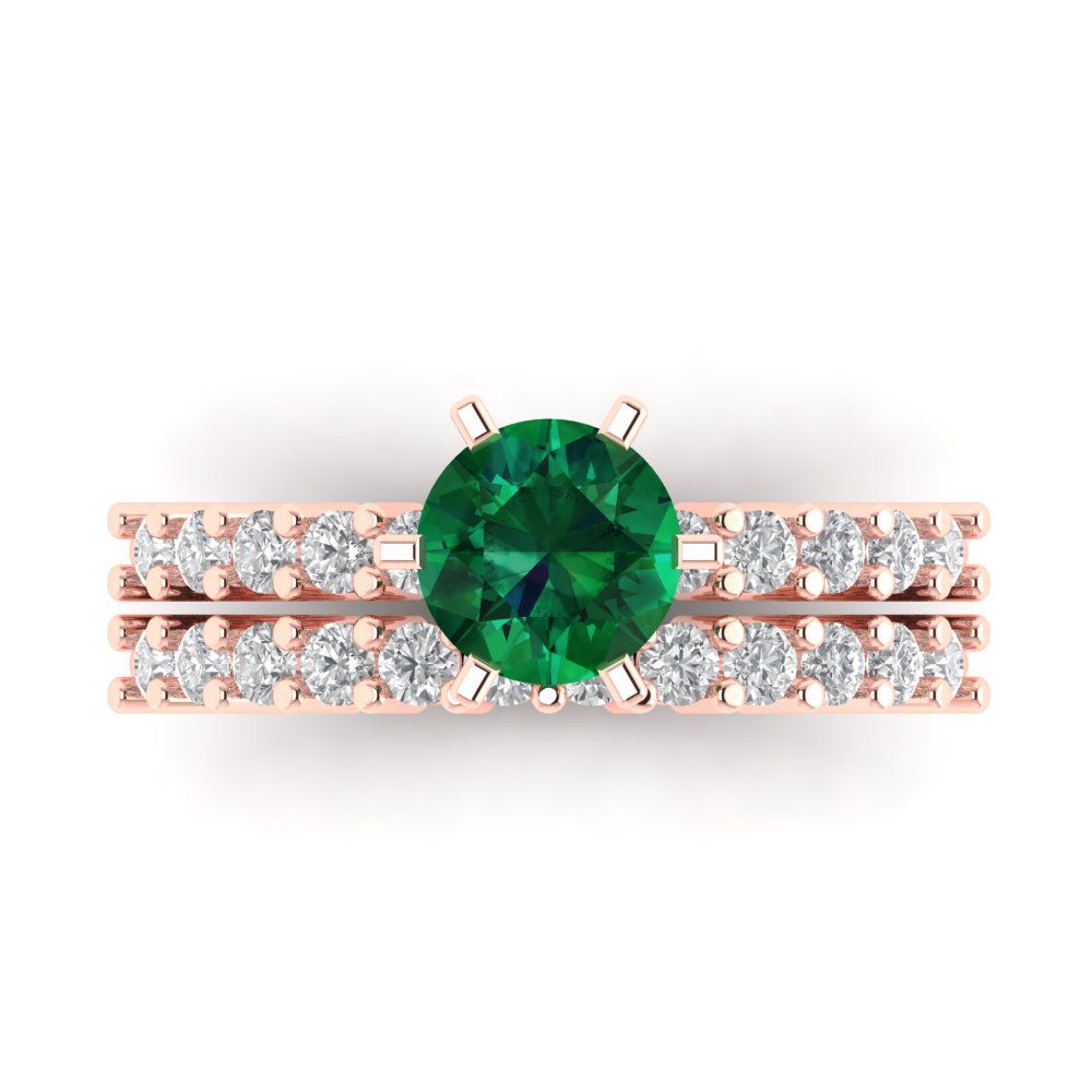 1.66 cttw Round Cut Simulated Emerald Bridal Set - Solid Rose Gold Engagement Ring & Wedding Band