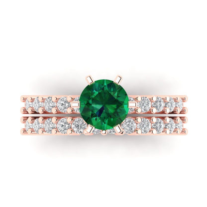 1.66 cttw Round Cut Simulated Emerald Bridal Set - Solid Rose Gold Engagement Ring & Wedding Band