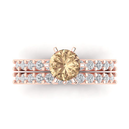 1.66 cttw Round Cut Yellow Moissanite Bridal Set - Solid Rose Gold Engagement Ring & Wedding Band