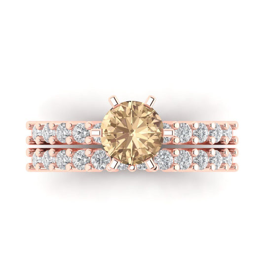 1.66 cttw Round Cut Yellow Moissanite Bridal Set - Solid Rose Gold Engagement Ring & Wedding Band