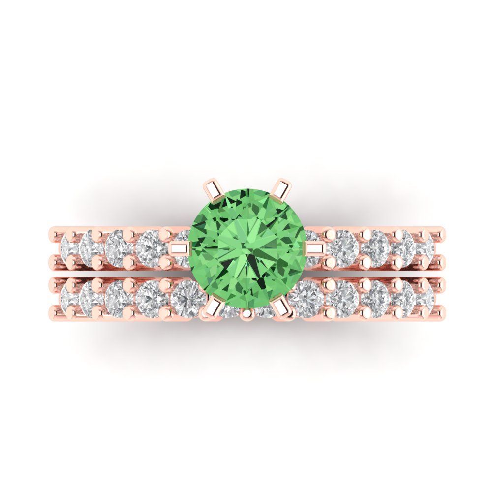 1.66 cttw Round Cut Simulated Green Diamond Bridal Set - Solid Rose Gold Engagement Ring & Wedding Band