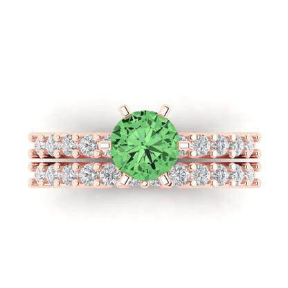 1.66 cttw Round Cut Simulated Green Diamond Bridal Set - Solid Rose Gold Engagement Ring & Wedding Band