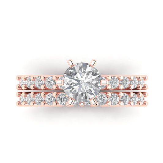 1.66 cttw Round Cut Zirconia Simulated Diamond Bridal Set - Solid Rose Gold Engagement Ring & Wedding Band