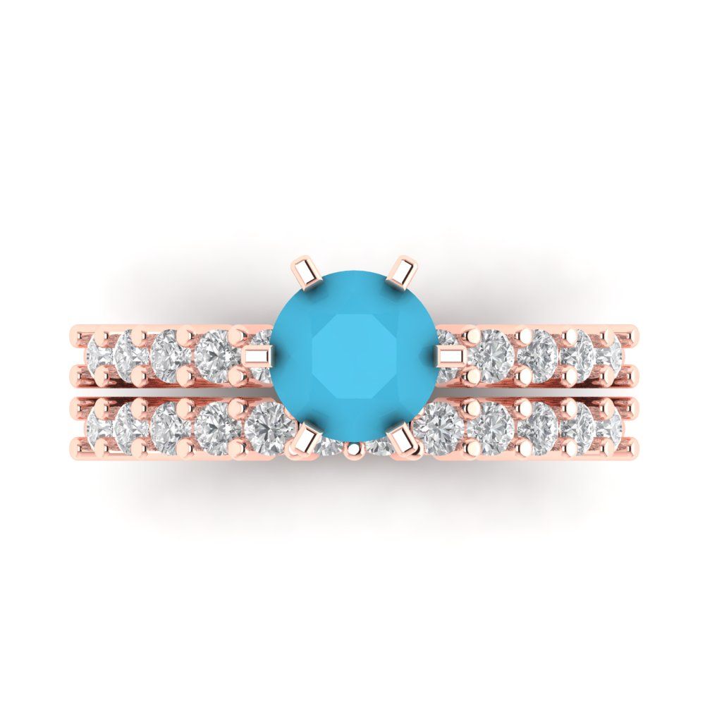 1.66 cttw Round Cut Simulated Turquoise Bridal Set - Solid Rose Gold Engagement Ring & Wedding Band