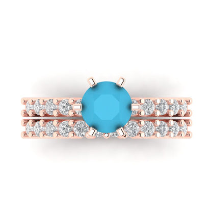 1.66 cttw Round Cut Simulated Turquoise Bridal Set - Solid Rose Gold Engagement Ring & Wedding Band