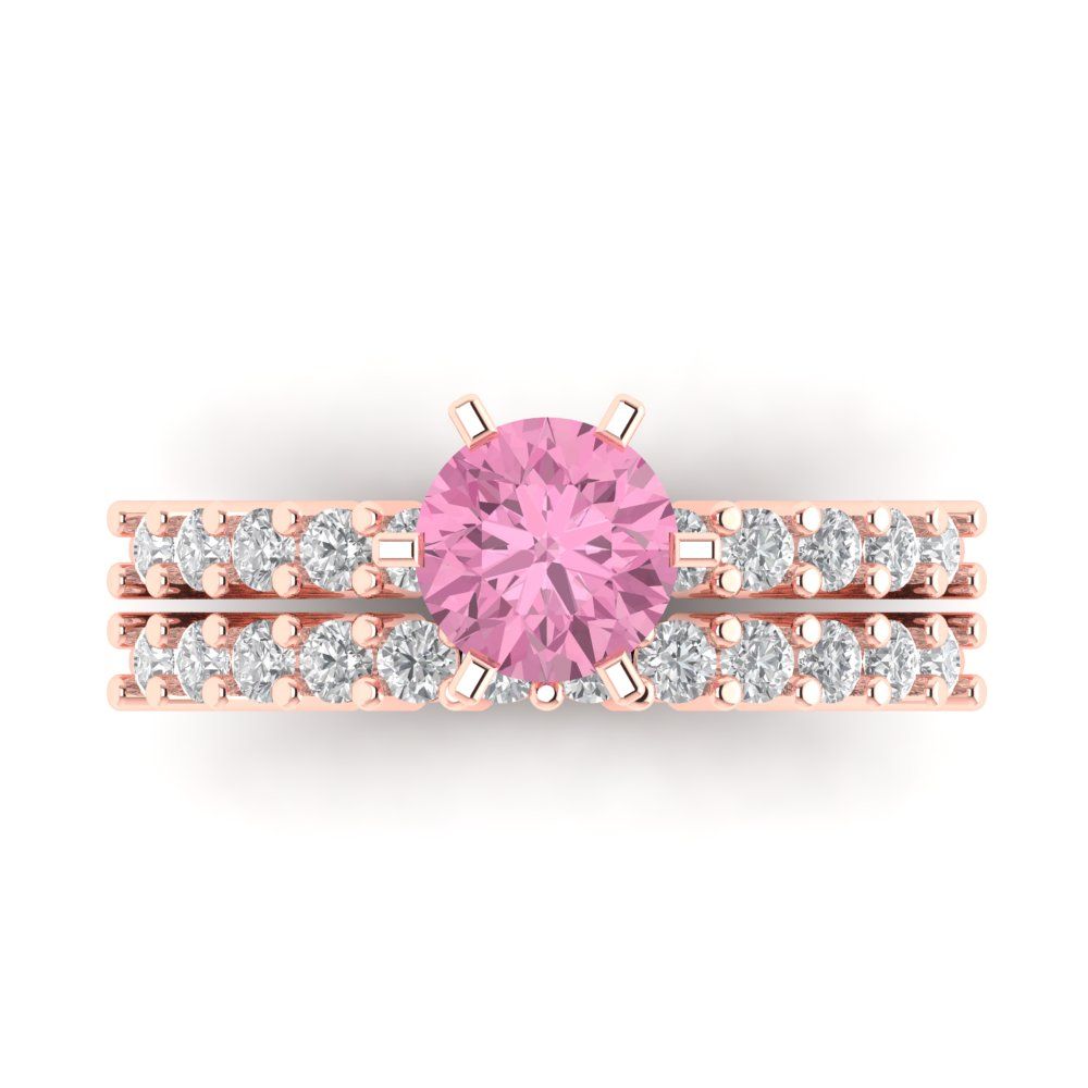 1.66 cttw Round Cut Simulated Pink Diamond Bridal Set - Solid Rose Gold Engagement Ring & Wedding Band