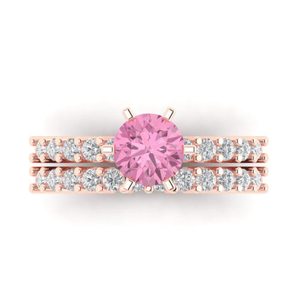 1.66 cttw Round Cut Simulated Pink Diamond Bridal Set - Solid Rose Gold Engagement Ring & Wedding Band