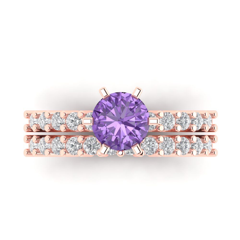 1.66 cttw Round Cut Simulated Alexandrite Bridal Set - Solid Rose Gold Engagement Ring & Wedding Band