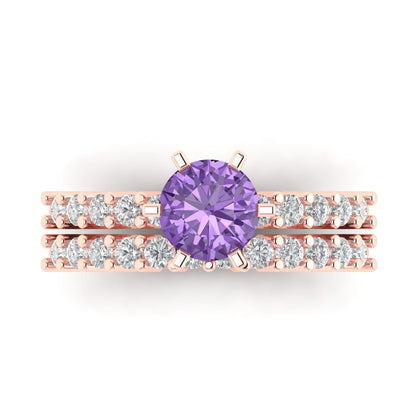 1.66 cttw Round Cut Simulated Alexandrite Bridal Set - Solid Rose Gold Engagement Ring & Wedding Band