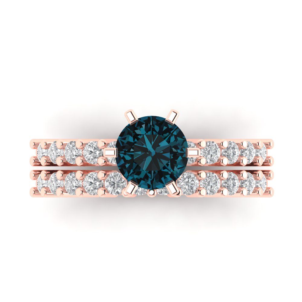 1.66 cttw Round Cut Natural London Blue Topaz Bridal Set - Solid Rose Gold Engagement Ring & Wedding Band
