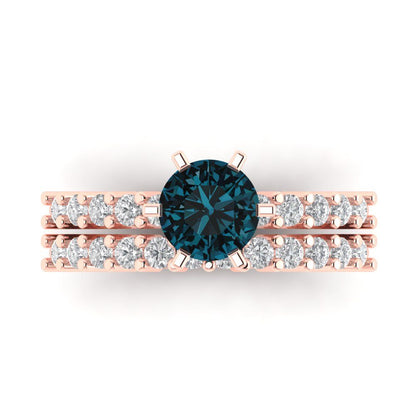 1.66 cttw Round Cut Natural London Blue Topaz Bridal Set - Solid Rose Gold Engagement Ring & Wedding Band