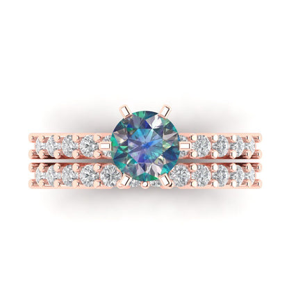 1.66 cttw Round Cut Blue Moissanite Bridal Set - Solid Rose Gold Engagement Ring & Wedding Band