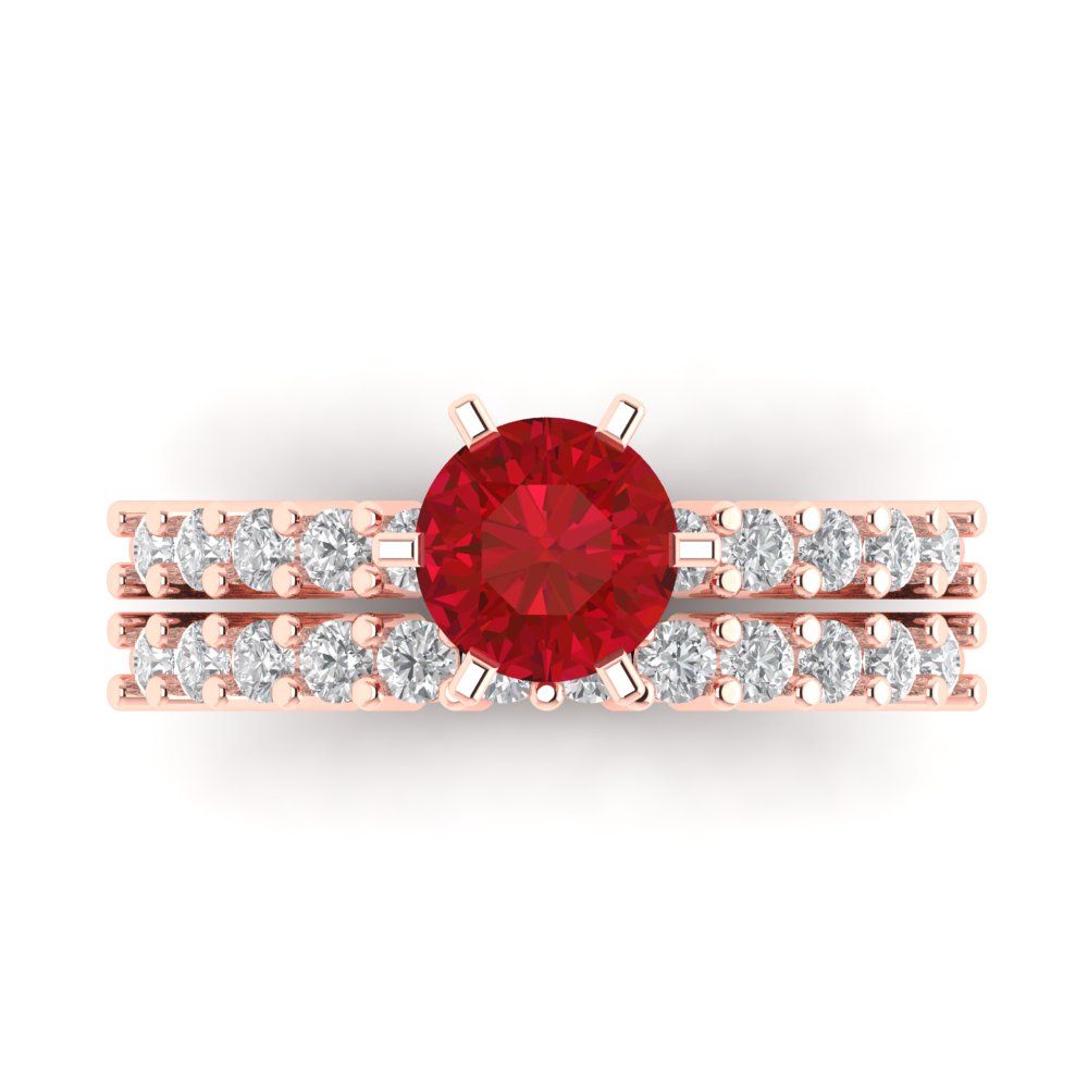 1.66 cttw Round Cut Simulated Ruby Bridal Set - Solid Rose Gold Engagement Ring & Wedding Band