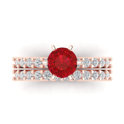 1.66 cttw Round Cut Simulated Ruby Bridal Set - Solid Rose Gold Engagement Ring & Wedding Band