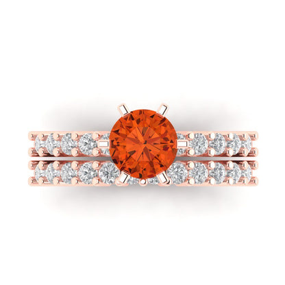1.66 cttw Round Cut Simulated Red Diamond Bridal Set - Solid Rose Gold Engagement Ring & Wedding Band