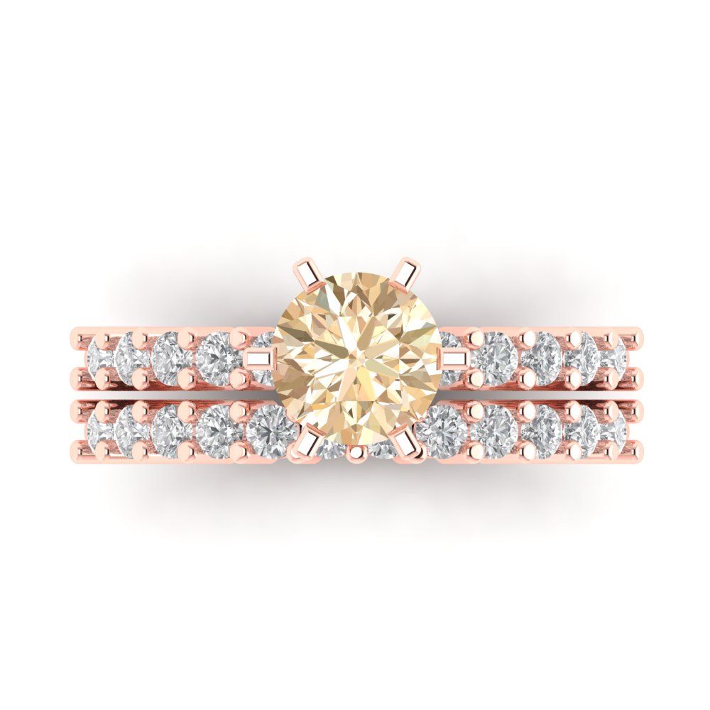 1.66 cttw Round Cut Natural Morganite Bridal Set - Solid Rose Gold Engagement Ring & Wedding Band
